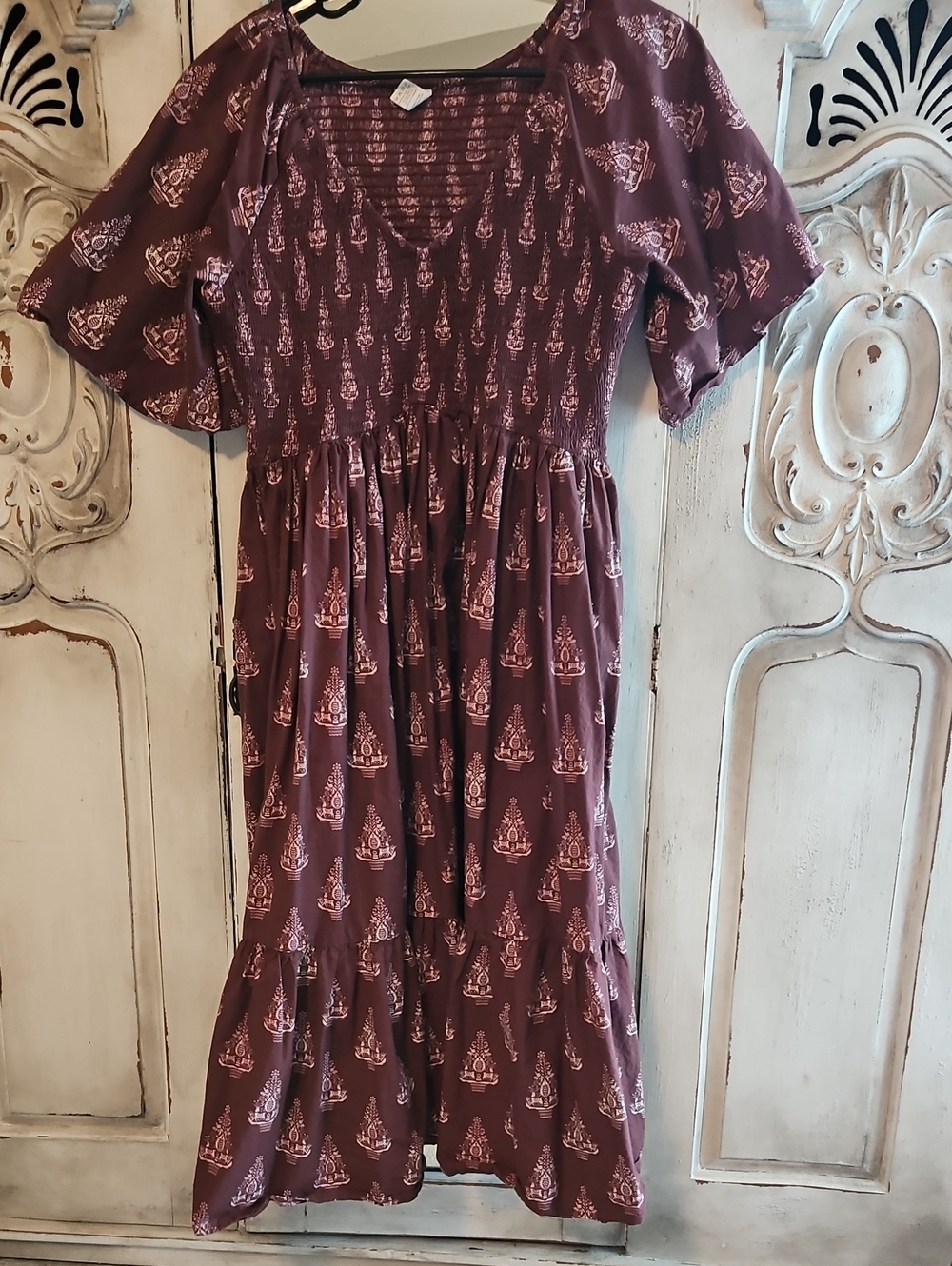 Kate Quinn Women's Flutter Sleeve Smocked Midi Dress Large Organic Cotton Purple